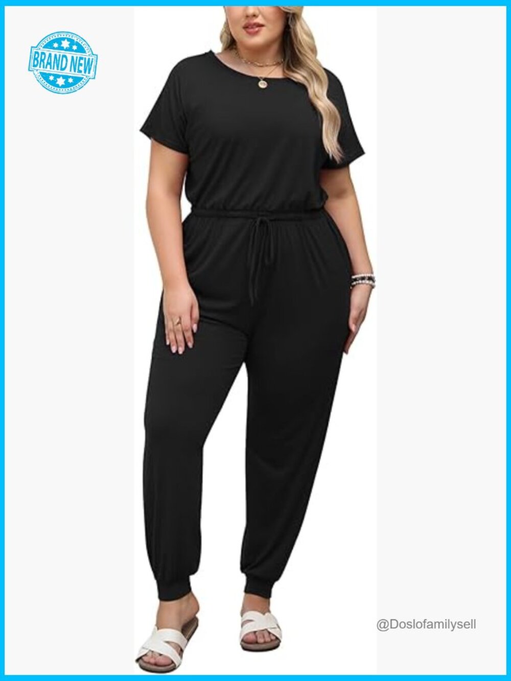 Plus Size Casual Jumpsuit Short Sleeve Drawstring Waist Long Pant Romper with